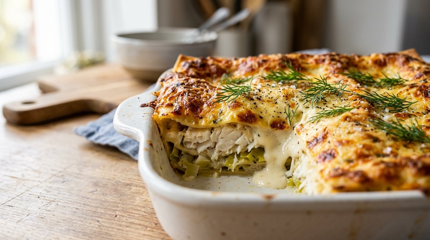 entdecken Sie das Geheimnis dieser ultra-zarten Kabeljau-Lauch-Lasagne, die mit cremiger Leichtigkeit die klassische Bolognese ersetzt und wahren Genuss neu definiert