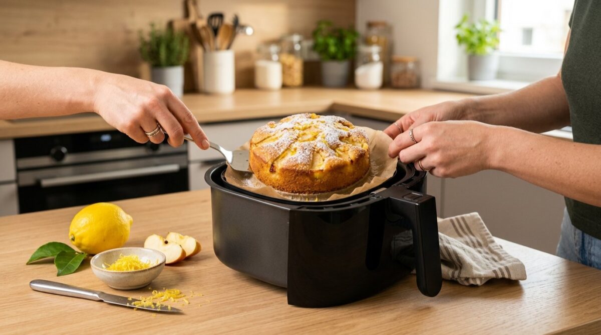 entdecken Sie, wie Sie einen saftigen Apfel-Zitronenkuchen in unter 30 Minuten im Airfryer zubereiten – das perfekte Blitzrezept für einen köstlichen Nachmittagssnack