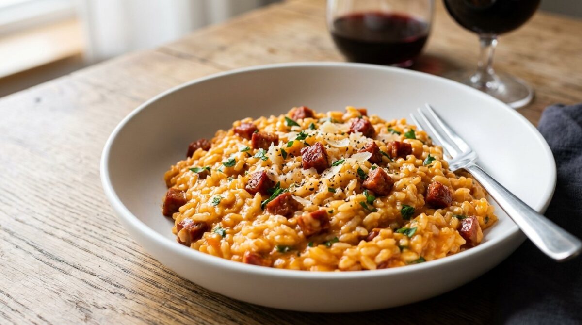entdecken Sie das einfache Geheimnis für ein cremiges Chorizo-Risotto mit nur einem Handgriff am Ende des Kochens