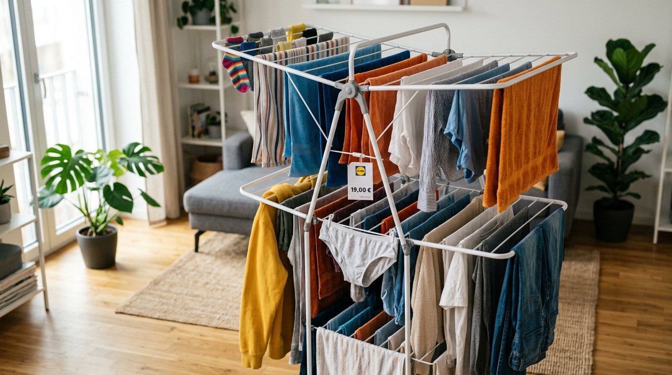 entdecken Sie den innovativen Lidl Wäscheständer für 19 Euro, der über 12 kg Wäsche trägt und teure Alternativen überflüssig macht